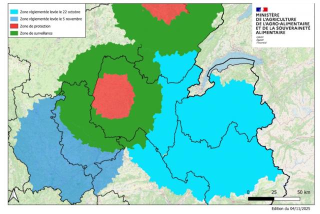 Les différentes zones mises en place par le ministère de l'Agriculture face à la dermatose nodulaire contagieuse (DNC) © Ministère de l'Agriculture