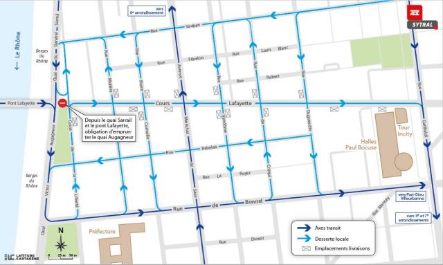 Nouveaux itinéraires de circulation autour du cours Lafayette à Lyon © Sytral