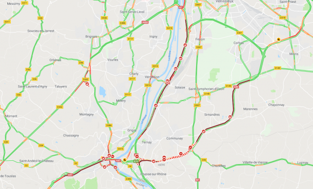 Trafic saturé au sud de Lyon © Google Maps