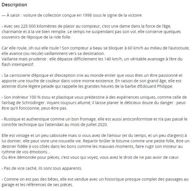 La description de la Clio de Mélusine B. © Le Bon Coin
