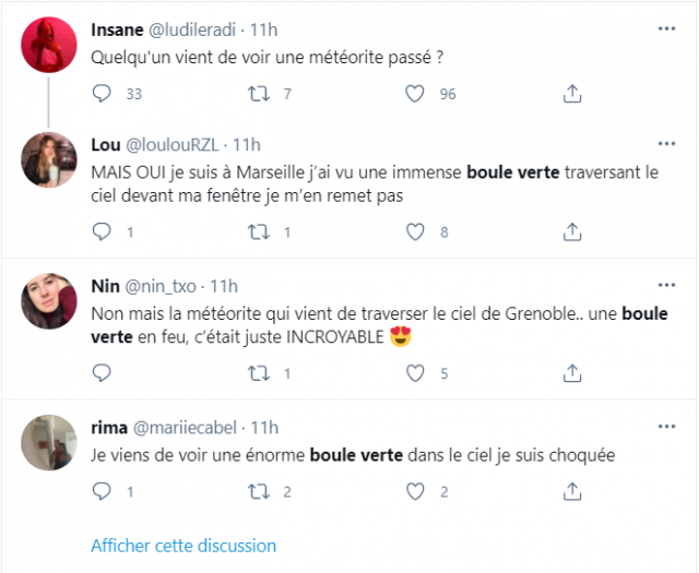 Capture d'écran Twitter - Météore