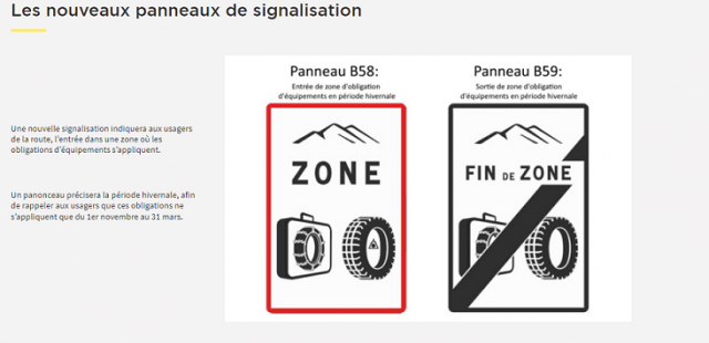 Les nouveaux panneaux de signalisation concernant l'obligation des équipements hivernaux © securite-routiere.gouv.fr