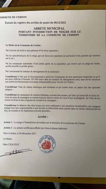 L'arrêté du maire de Cerdon afin d'interdire la neige
