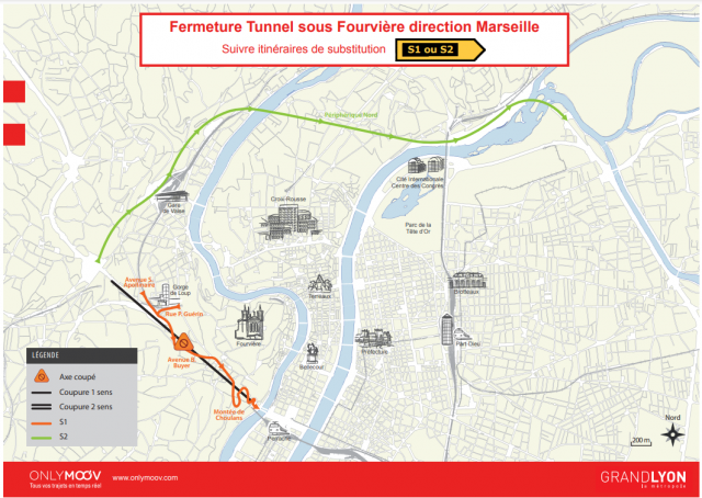 Itinéraire de substitution après la fermeture du Tunnel sous Fourvière à Lyon. © Onlymoov