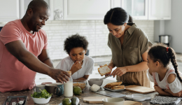 Une famille dans sa cuisine prépare le repas