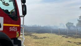 Des pompiers intervenant sur un feu de végétation.