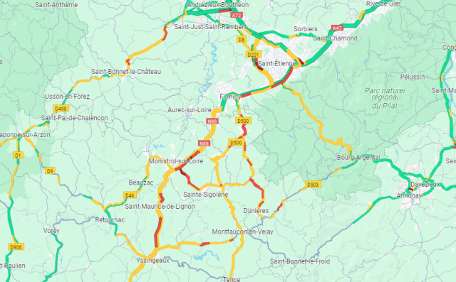 Les conditions de circulation dans la Loire et en Haute-Loire © Google Maps