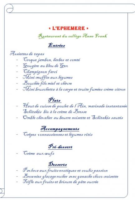Menu du 18 mars Collège Anne Franck Miribel © Facebook David Lacrepinière