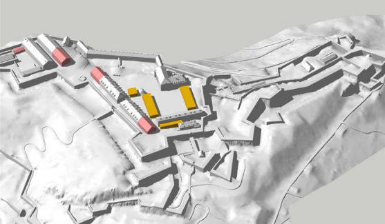Phase 1 de la réhabilitation : le village olympique. En jaune : les quatre extensions à vocation temporaire pour les Jeux, afin d'accueillir les besoins spécifiques : médical, sportif, alimentation.