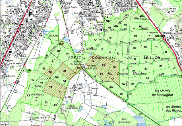 Plan de la forêt de Seillon durant la série d'abattages avec les zones fermées au public (en rouge) © Office Nationale des Forêts