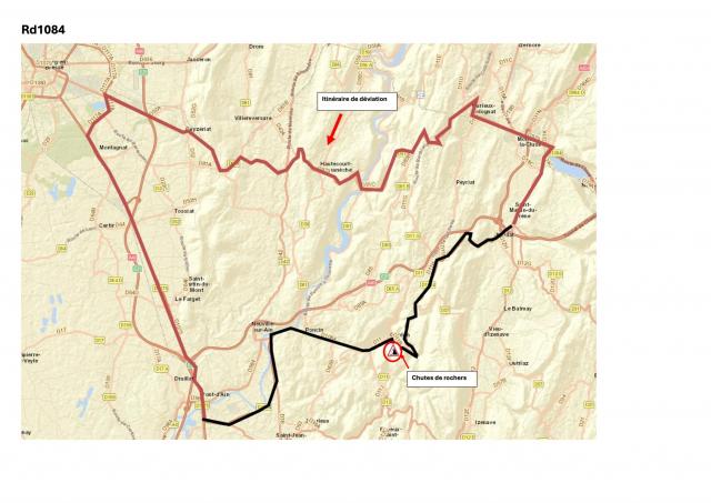 Un itinéraire de déviation mis en place après la fermeture de la RD1084 © Mairie de Neuville sur Ain