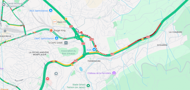 La RN488 est fermée aux automobilistes à Saint-Étienne © Capture d'ecran / Google Maps
