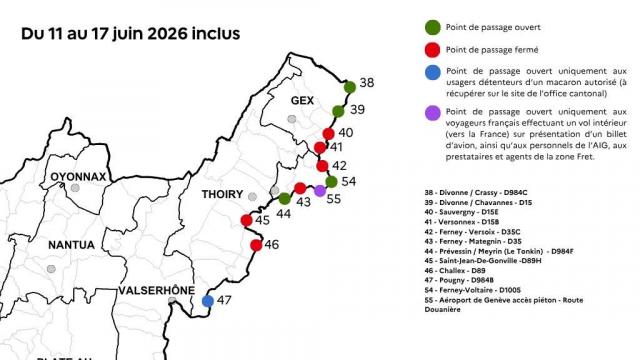 La carte des points de passage fermés et ceux qui restent ouverts entre l'Ain et la Suisse © Préfecture de l'Ain