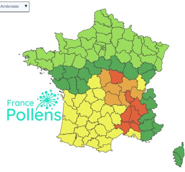 Carte de France pollens sur l'ambroisie en France © France Pollens