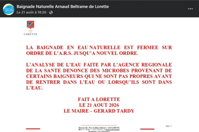 Le communiqué du maire de Lorette. © Facebook