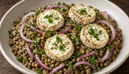 Salade de lentilles aux oignons rouges et crottin de chèvre