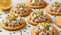 Rillettes de thon à la ciboulette et au citron sur sablés salés