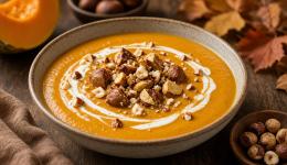 Velouté de potiron aux châtaignes et éclats de noisettes