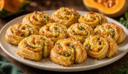 Mini-feuilletés escargots au pesto de courge et comté