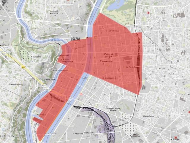 Le plan du périmètre d'interdiction aux rassemblements du 24 octobre à Lyon. © Document transmis par la prefecture du Rhone.