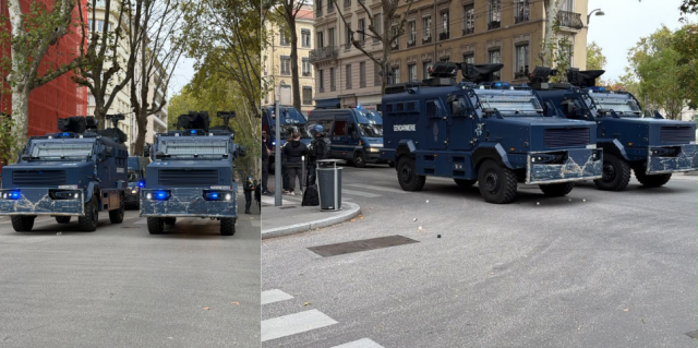 Les véhicules Centaure des forces de l'ordre déployés dans le secteur Saxe-Gambetta à Lyon. © Image fournie par la prefecture du Rhone.