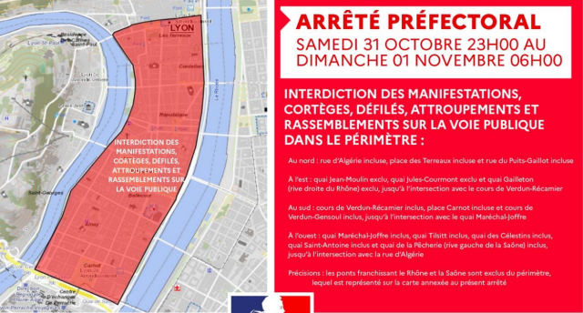 Le périmètre concerné par l'arrêté préfectoral de ce samedi 31 octobre à Lyon © Préfecture du Rhône